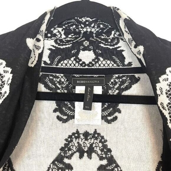 BCBGMAXAZRIA Silk Cardigan Sweater Black White Lace Jacquard Woven Size M/L EUC - Picture 3 of 13